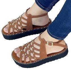 HJBFVXV Damen-Hausschuhe Women Sandals Ankle Strap Summer Shoes For Women Heels Sandals Lightweight Platform Sandals Summer Flat Heeled Sandalias Mujer (Color : Brown, Size : 40) von HJBFVXV