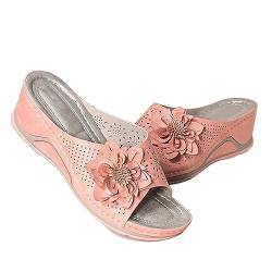 HJBFVXV Damen-Hausschuhe Women Summer Women Woven Flower Slippers Outdoor Sports Beach Casual Peep Toe Comfortable Shoes (Color : Pink, Size : 38) von HJBFVXV