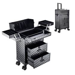 Kosmetik Trolley Rollkoffer Schminkkoffer, Artist Train Case Trolley Makeup Organizer, Mit Schlüsselschloss, Aluminium Schminkkoffer Rollkoffer,Dreifacher Schminkkoffer Mit Schubladen,schwarz (Color von HJXGQJM