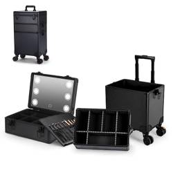 Kosmetikkoffer, 3-in-1, Friseurkoffer, große Kapazität, Koffer, Nageldesign, mit Rollen, abschließbar und tragbar, Rolling-Make-up-Koffer, Schwarz , 35x25x63m von HJXGQJM