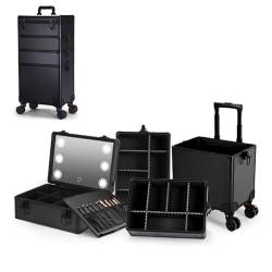 Kosmetikkoffer, 3-in-1, Friseurkoffer, große Kapazität, Koffer, Nageldesign, mit Rollen, abschließbar und tragbar, Rolling-Make-up-Koffer, Schwarz , 35x25x73cm von HJXGQJM
