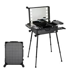 Kosmetikkoffer Trolley mit LED-Beleuchtung, professioneller Make-up-Koffer mit Ständer und Lichtern, Schminkkoffer mit Rollen, Schwarz, Black Plaid, 58X45X23cm von HJXGQJM