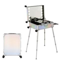 Kosmetikkoffer Trolley mit LED-Beleuchtung, professioneller Make-up-Koffer mit Ständer und Lichtern, Schminkkoffer mit Rollen, Schwarz, Dazzling Stripes, 58X45X23cm von HJXGQJM