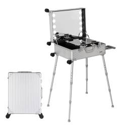 Kosmetikkoffer Trolley mit LED-Beleuchtung, professioneller Make-up-Koffer mit Ständer und Lichtern, Schminkkoffer mit Rollen, Schwarz, Silver Stripe, 58X45X23cm von HJXGQJM