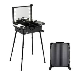 Kosmetikkoffer mit Rollen, Trolley mit LED-Beleuchtung, großer Kosmetikkoffer mit Ständer und Lichtern, Schminkkoffer mit Rollen, Schwarz, Schwarz Streifen, 52x40x22.5cm von HJXGQJM