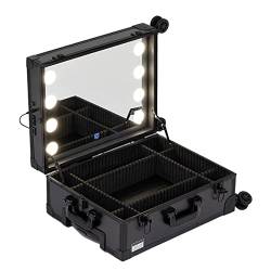 Kosmetiktasche für Damen, Kosmetikkoffer, professionell, Make-up-Organizer mit Spiegel, Kosmetikkoffer mit LED, verstellbare Trennwand, Lichtquelle in 3 Farben, Schwarz mit 8 LEDs, one size, Casual von HJXGQJM