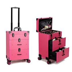 Make Up Koffer Professionell Schminkkoffer, Kosmetikkoffer Mit 4 Rollen, 3-lagiger Trolley-Koffer, Kosmetikkoffer Alu Beauty Case, Kosmetikkoffer Mit Schlüsselschloss, Schwarz 1 Stück (Color : Pink) von HJXGQJM