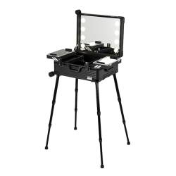 Professioneller Make-up-Koffer, Make-up-Tasche, Rollen, Kosmetiktasche, Trolley mit LED-Beleuchtung, Trolley aus Aluminium, großes Kosmetiketui mit Halterung, Schwarz Streifen, 58X45X23cm von HJXGQJM