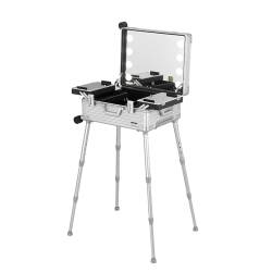 Professioneller Make-up-Koffer, Make-up-Tasche, Rollen, Kosmetiktasche, Trolley mit LED-Beleuchtung, Trolley aus Aluminium, großes Kosmetiketui mit Halterung, Silver Stripe, 52x40x22.5cm von HJXGQJM