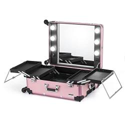 Professioneller Make-up-Koffer, Rolling-Make-up-Koffer, Make-up-Koffer mit Spiegel, Kosmetikkoffer, Reiseetui, Make-up-Box, zweifarbiges Licht, mit LED-Licht, Schwarz, Pink, one size, Casual von HJXGQJM