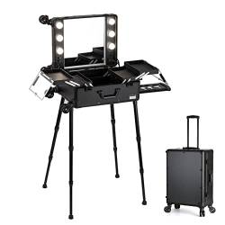 Professioneller Make-up-Koffer, Trolley aus Aluminium mit Halterungen, Kosmetiktasche mit LED, zweifarbiges Licht, Schwarz, Schwarz , one size, Casual von HJXGQJM