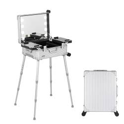 Professioneller Make-up-Koffer mit LED-Licht, professioneller Make-up-Koffer mit Rädern, Kombinationsschloss, Rolling aus Aluminium mit Ständer, Silberstreifen, 58X45X23cm von HJXGQJM