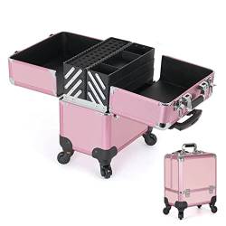 Professioneller Reise Make Up Tasche Artist Train Case Trolley Makeup Organizer, Kosmetikkoffer Alu Beauty Case, Kosmetiktasche Mit Rollen, Maniküre-Etui, Schwarz/Rosa (Color : Pink, Size : 36x22x35 von HJXGQJM