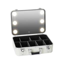 Reise-Make-up-Koffer mit Spiegel, LED, 3 verstellbare Helligkeit, Kosmetiktasche, Aufbewahrung, tragbar, Trennwand, verstellbar, Make-up-Pinsel für Damen, Weiß, weiß, one size von HJXGQJM