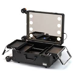 Rolling Make Up Koffer, professioneller Make-up-Koffer, Kosmetikkoffer mit LED-Beleuchtung, Kosmetikkoffer mit Halterung, Lichtquelle in 3 Farben, Schwarz, Black Without Stand, one size, Casual von HJXGQJM