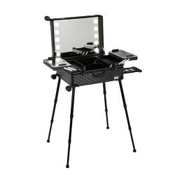 Rolling Make-up-Koffer, Kosmetik-Trolley mit LED-Beleuchtung, Trolley aus Aluminium, großes Kosmetikkoffer mit Ständer, Kosmetikkoffer mit Rollen, Schwarz Streifen, 52x40x22.5cm von HJXGQJM