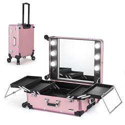 Rolling Make-up-Koffer, Reise-Make-up-Tasche, manuelles Licht, zweifarbig, weiß und warm, Kosmetikkoffer Trolley aus Aluminium, tragbar, Schwarz / Rosa, Pink, one size, Casual von HJXGQJM