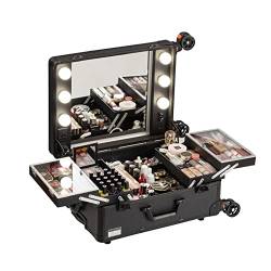 Rolling Make-up-Koffer, Trolley aus Aluminium, Make-up-Koffer mit beleuchteter LED-Halterung, Schminktisch mit 4 Rollen und Lichtern und Spiegel, Schminktisch (inkl von HJXGQJM