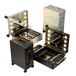 Rolling Make-up-Koffer aus Aluminium, professioneller Make-up-Koffer mit LED-Licht, Lichtquelle in 3 Farben, Schmuck- und Kosmetik-Trolley für Friseure, Make-up, Schwarz, 1 Stück, Black Plaid, von HJXGQJM