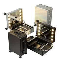 Rolling Make-up-Koffer aus Aluminium, professioneller Make-up-Koffer mit LED-Licht, Lichtquelle in 3 Farben, Schmuck- und Kosmetik-Trolley für Friseure, Make-up, Schwarz, 1 Stück, Dazzling Stripes, von HJXGQJM