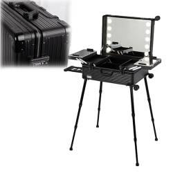 Rolling Make-up-Koffer mit LED-Licht, Make-up-Koffer, mit Rollen, große Aufbewahrungsbox, Kosmetikkoffer, mit Ständer, professioneller Make-up-Koffer, Schwarz Streifen, 52x40x22.5cm von HJXGQJM