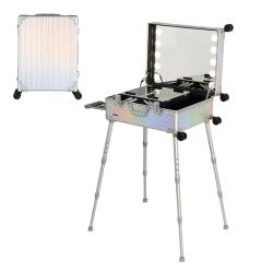 Rolling Make-up Koffer mit Ständer, professioneller Make-up-Organizer mit Spiegel mit LED-Beleuchtung, Dazzling Stripes, 58X45X23cm von HJXGQJM