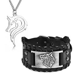 HJYZY 2 Stück Mode Halskette Herren Wolf Anhänger Wikinger Armband Wolf Fenrir Vintage Nordic Armband Talisman Cosplay Kostüm Armband von HJYZY