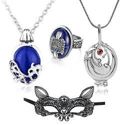 HJYZY 4 Stück Vampire Diaries Schmuck Daywalking Katherine Sapphire Elena Gilbert Eröffnung Eisenkraut Medaillon Halskette Damon Wappen Ring Spitze Augenmaske Gothic Maskerade Gesichtsmasken von HJYZY