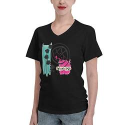 Blink-182 Merch Womens Schwarz V Neck T Shirt Damen Kurzarm V-Ausschnitt Band Baumwolle Tshirts Für Frauen Kurzarmshirt von HKMEI