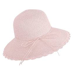 Stroh Sonnenhut Damen UV Strohhut mit Breiter Krempe Strohmütze Faltbar Strandhut Kinnband Strandmütze Schleife Spitzerand Sommerhut Verstellbar Sonnenmütze Elegant Sommermütze Mädchen Strand Rosa von HKSCKJ