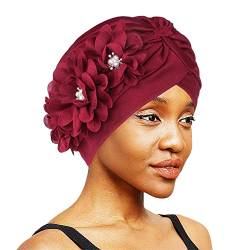 Turban Damen Sommer Turbanhut mit Blumen Knoten Kopfwickel Elastisch Turban Mütze Elegant Afrikanisch Headwrap Leicht Turbankappe Muslem Kopftuch Mädchen Haarband Chemo Strand Haarpflegen Weinrot von HKSCKJ