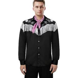 HLENOK Erwachsenen-Kostüm für Herren, Cowboy, Fransenhemd, Jungen, 80er-/90er-Jahre-Puppe, Western-, Halloween, Cosplay, langärmelig, Button-Down-Up-Shirt, Schwarz, Mittel von HLENOK