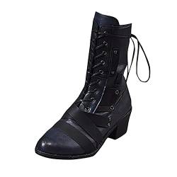 HLIYY Damen Schnürstiefelette Mit Blockabsatz Herbst Winter Stiefeletten Vintage Elegante Kurzstiefel Mit Reißverschluss Komfort Retro Spleißmuster Mode-Stiefel Freizeit Winter Stiefel von HLIYY