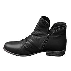 HLIYY Stiefel Damen Frauen Leder Stiefeletten Reißverschluss Kurzstiefel Vintage Mode-Stiefel mit Blockabsatz Elegante Herbst Winter Schuhe Klassische Kampfstiefel Bequeme Biker Boots von HLIYY