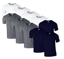 HLKauf 10 Gildan T-Shirts Softstyle Rundhals Ausschnitt M L XL XXL 3XL 4XL 5XL Shirt Herren Baumwolle & GRATIS Block (4X Weiss, 3X Dark Heather, 3X Navy & 1 HLKauf Block, M) von HLKauf