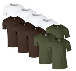 HLKauf 10 Gildan T-Shirts Softstyle Rundhals Ausschnitt M L XL XXL 3XL 4XL 5XL Shirt Herren Baumwolle & GRATIS Block (4X Weiss, 3X Military, 3X Dark Chocolate & 1 HLKauf Block, L) von HLKauf