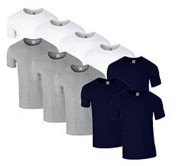 HLKauf 10 Gildan T-Shirts Softstyle Rundhals Ausschnitt M L XL XXL 3XL 4XL 5XL Shirt Herren Baumwolle & GRATIS Block (4X Weiss, 3X Sportgrey, 3X Navy & 1 HLKauf Block, L) von HLKauf