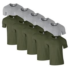 HLKauf 10 Gildan T-Shirts Softstyle Rundhals Ausschnitt M L XL XXL 3XL 4XL 5XL Shirt Herren Baumwolle & GRATIS Block (5X Military, 5X Sportgrey & 1 HLKauf Block, M) von HLKauf