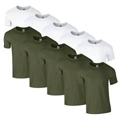HLKauf 10 Gildan T-Shirts Softstyle Rundhals Ausschnitt M L XL XXL 3XL 4XL 5XL Shirt Herren Baumwolle & GRATIS Block (5X Weiss, 5X Military & 1 HLKauf Block, M) von HLKauf