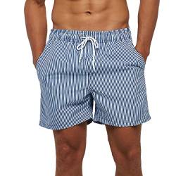 HLVEXH Badehose für Herren Jungen Tropisch Strandshorts mit Mesh-Futter Schwarz Weiß Blau Streifen S von HLVEXH