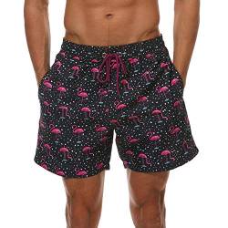 HLVEXH Herren Badehose Kurz mit Taschen Über dem Knie Urlaub Schwarz Roter Flamingo 2XL von HLVEXH