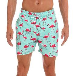 HLVEXH Herren Hawaiisch Strandshorts Badehose Schnelltrocknend Schwimmhosen mit Netzfutter Grün Rosa Flamingo 3XL von HLVEXH