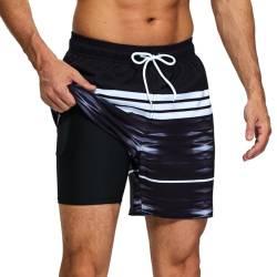 HLVEXH Schwimmhosen für Männer Tropisch Kurz Lässige Strandshorts mit Mesh Futter Sommer Coolen Marineblau Weiße Streifen Muster M von HLVEXH