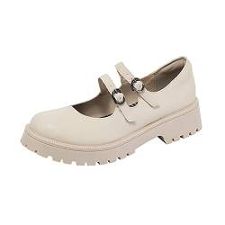 HLeoz Japanische Schuluniform Schuhe für Damen Blockabsatz Mary Janes Strap Lolita Schuhe Plateau Loafer Retro Pump,Apricot Matte,39 EU von HLeoz