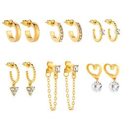 6 Paar Gold Ohrringe Set Creolen Ohrringe mit Zirkonia Tiny Dangle Kette Creolen Mädchen Ohrstecker Set knorpel Ohrringe Tropfen Ohrringe Geschenke für Frauen Mädchen von HMCEY
