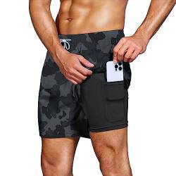 HMIYA Badehose Herren 2 in 1 Badeshorts Schwimmhose Schnelltrocknend Kurz Boardshorts mit Kompression und Reißverschlusstaschen(Camouflage 4XL) von HMIYA