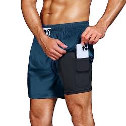 HMIYA Badehose Herren 2 in 1 Badeshorts Schwimmhose Schnelltrocknend Kurz Boardshorts mit Kompression und Reißverschlusstaschen(Denim Blau 3XL) von HMIYA