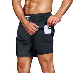 HMIYA Badehose Herren 2 in 1 Badeshorts Schwimmhose Schnelltrocknend Kurz Boardshorts mit Kompression und Reißverschlusstaschen(Dunkelgrau 01 3XL) von HMIYA