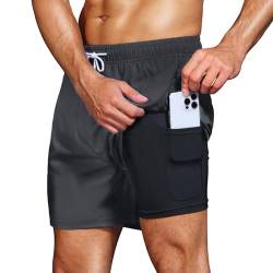 HMIYA Badehose Herren 2 in 1 Badeshorts Schwimmhose Schnelltrocknend Kurz Boardshorts mit Kompression und Reißverschlusstaschen(Dunkelgrau 01 M) von HMIYA