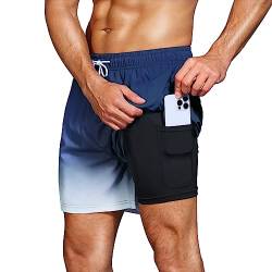 HMIYA Badehose Herren 2 in 1 Badeshorts Schwimmhose Schnelltrocknend Kurz Boardshorts mit Kompression und Reißverschlusstaschen(Farbverlauf Marineblau 3XL) von HMIYA